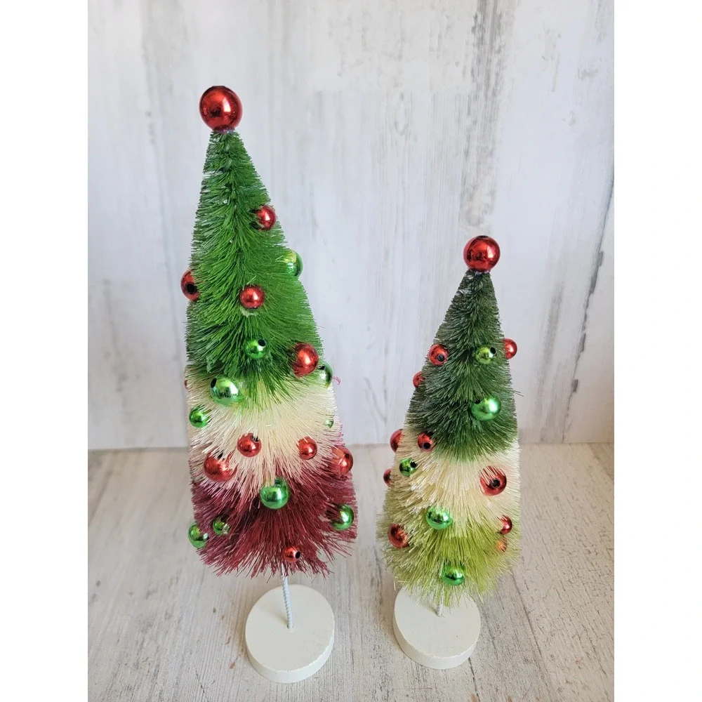 Bethany Lowe mini Red Green bottle brush tree table top Xmas set home